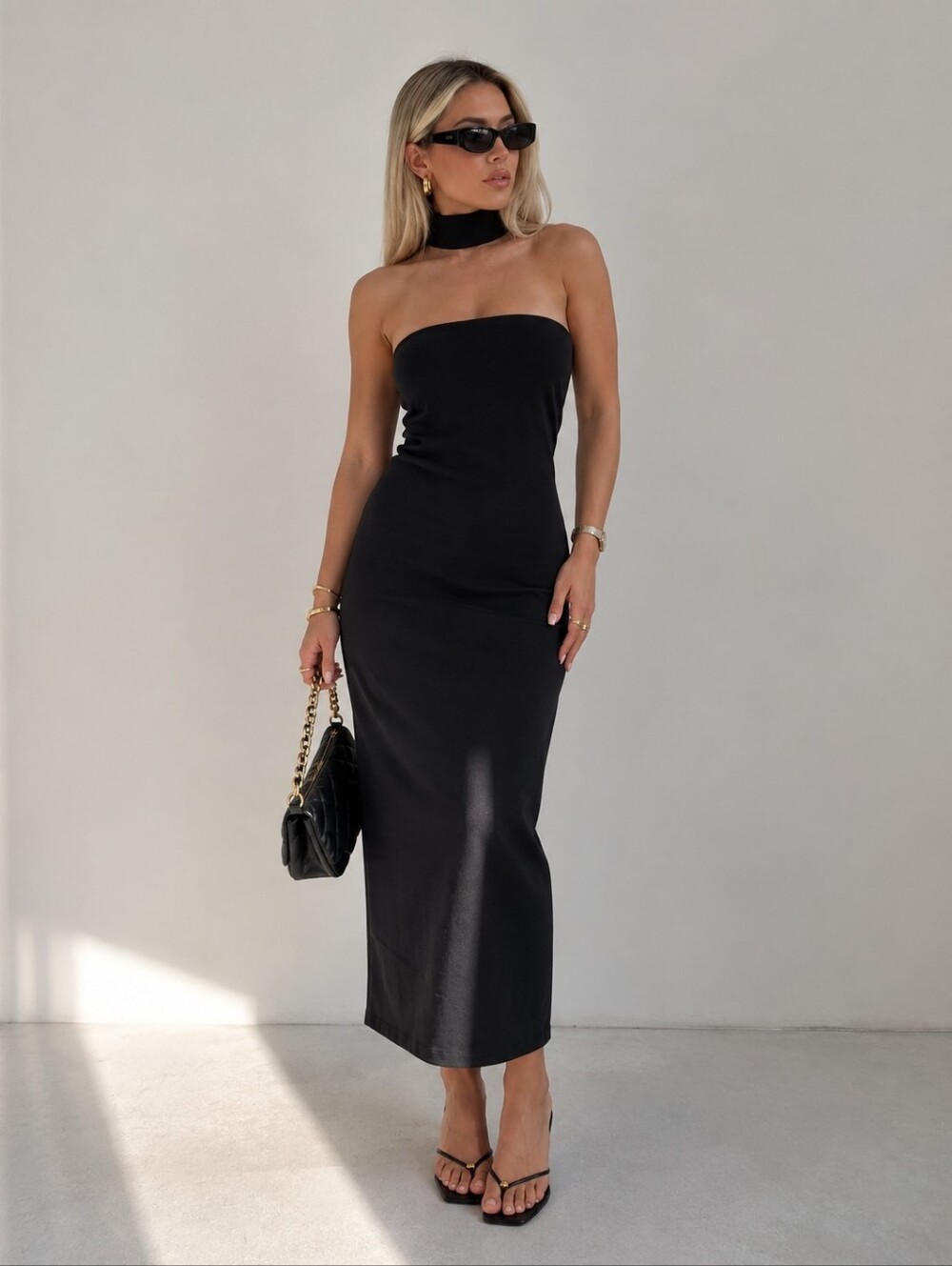 Zara Black Draped Choker Midi Dress Small Strapless Bodycon Party USA Small